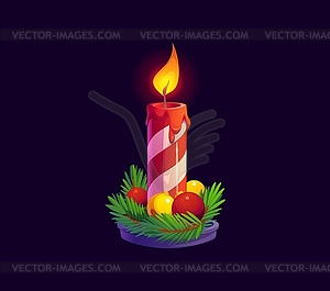 Cartoon Christmas holiday candle with fire, wax - vector image