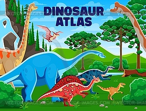 Atlas book cover, prehistoric dinosaur reptiles - vector image