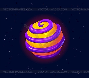 Cartoon planet with purple swirls in starry galaxy - vector image