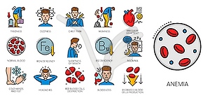 Hematology color line icons with anemia symptoms - vector clipart
