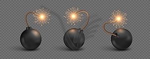 Realistic bomb with burning wick fuse, tnt weapon - vector image