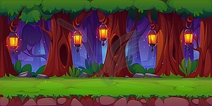 Night forest game landscape with magic lanterns - vector clipart