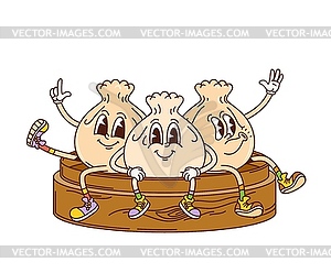 Cartoon retro groovy dim sum funny characters - vector image