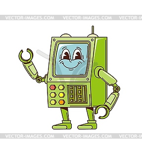 Cartoon retro groovy robot character, screen face - vector EPS clipart