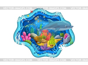 Cartoon dolphin at underwater paper cut landscape - vector image