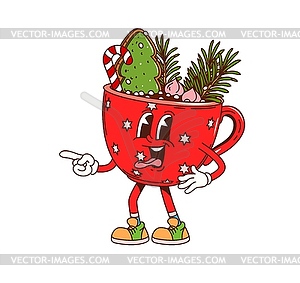 Cartoon groovy Christmas eggnog cup character - vector image