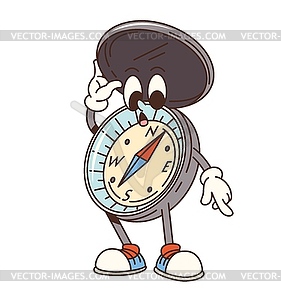 Cartoon groovy travel compass retro character - vector clip art