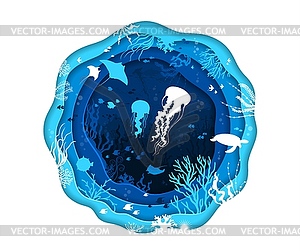 Paper cut sea underwater landscape with animals - vector EPS clipart