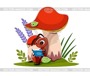 Cartoon ant reading book on lawn with mushrooms - vector clipart