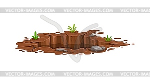 Ground hole or deep dirty pit burrow in earth soil - vector image