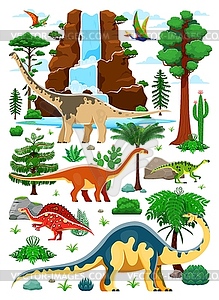 Prehistoric dinosaurs in lush landscape - vector image