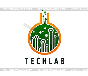 Tech lab icon, emblem with flask and circuits - vector clipart