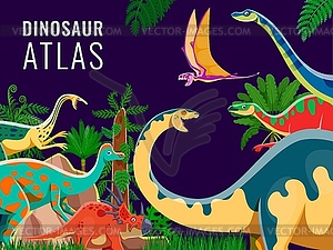 Dino atlas book cover with prehistoric dinosaurs - vector image