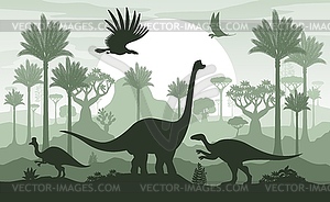 Prehistoric dinosaur silhouettes, dino, landscape - vector clipart