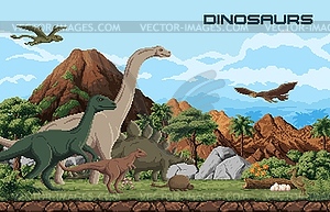 8 bit pixel art prehistoric dinosaurs and lizards - vector image