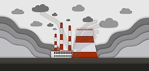 Paper cut factory pollution, chimney smoke, clouds - vector image