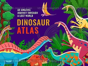 Prehistoric dinosaur characters, atlas book cover - vector image