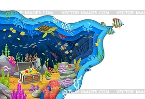 Paper cut sea underwater, pirates treasure chest - vector image