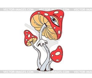 Cartoon retro groovy hippie mushrooms with eyes - color vector clipart