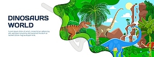 Prehistoric dinosaurs of Jurassic paper cut banner - vector clip art