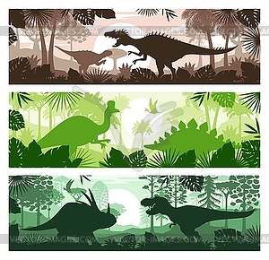 Prehistoric dinosaurs, jurassic landscape banners - vector clip art