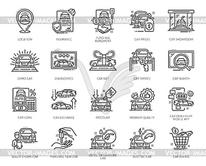 Dealership line icons for car auto dealer service - vector image