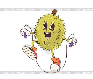 Retro cartoon groovy durian character jump roping - vector clipart / vector image