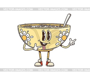 Retro cartoon groovy breakfast oatmeal character - vector clip art