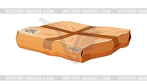 Wet and damaged crumpled box, broken cargo parcel - vector image