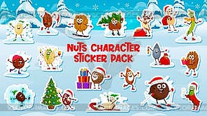 Cartoon Christmas nuts, seeds and beans stickers - vector image