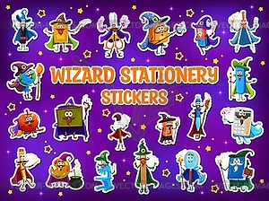 Stickers pack, cartoon school Halloween wizards - vector clip art