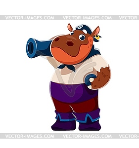 Cartoon hippo animal pirate character with cannon - vector clipart / vector image