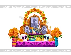 Cartoon muertos mexican ofrenda altar with photos - vector clipart