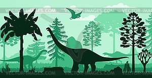 Silhouettes of prehistoric dinosaurs in jungle - vector clip art