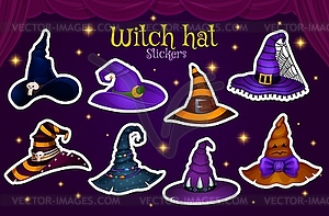 Halloween witch hat stickers pack, horror holiday - vector image