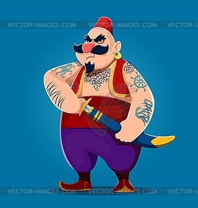 Cartoon Turkish pirate character holding sword - vector image