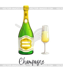 Champagne alcohol bottle and glass, drink beverage - vector clipart