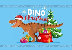 Dino Christmas greetings, T-rex Santa with gifts - vector image