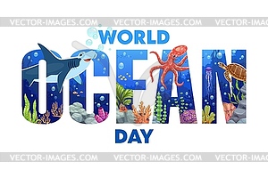 World oceans day banner with vibrant marine life - vector clipart