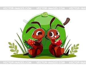 Cartoon ant characters eating berries on meadow - vector clipart