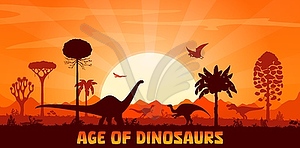 Sunset landscape with prehistoric dino silhouettes - vector clip art