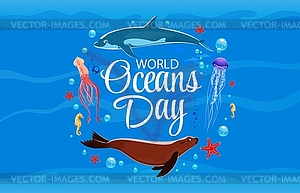 World oceans day banner with dolphin, sea animals - vector clipart