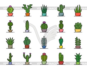 Color mexican cactus succulent line icons set - vector clipart