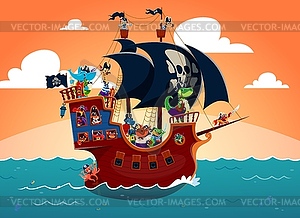 Pirate sail ship with animal sailor characters - vector image