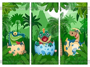 Cute cartoon dinosaur babies hatching of eggs - vector image