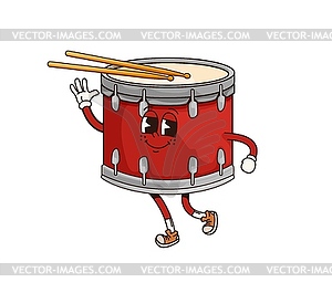 Cartoon drum groovy character with drumsticks - vector image