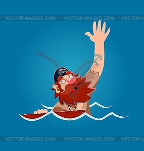 Cartoon pirate character drowning in ocean - vector clip art