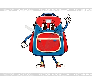 School backpack groovy character with funny face - vector image