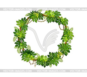 Tropical jungle round frame with forest leaves - vector image