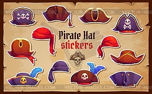 Pirate and corsair tricorn hats stickers pack - vector image